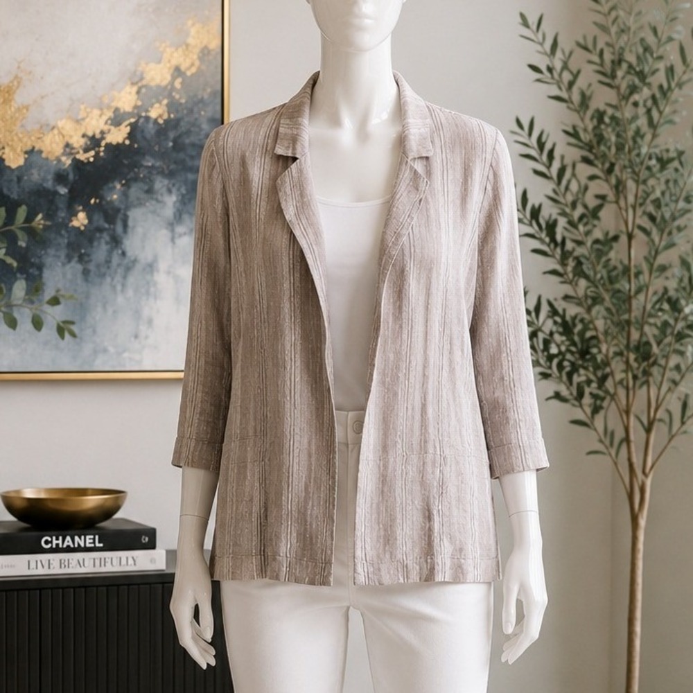 Pure Jill Womens Jacket Linen Striped Open Front Brown XS Petite